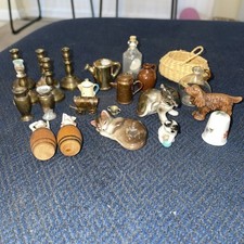 Miniature Dollhouse Lot - Brass Candlesticks Jug Pitcher Bottle Cats Basket More