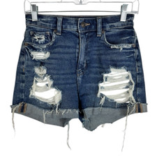 American Eagle Women's 0 Mom Short Blue Stretch Denim Destroyed Holes Fraying