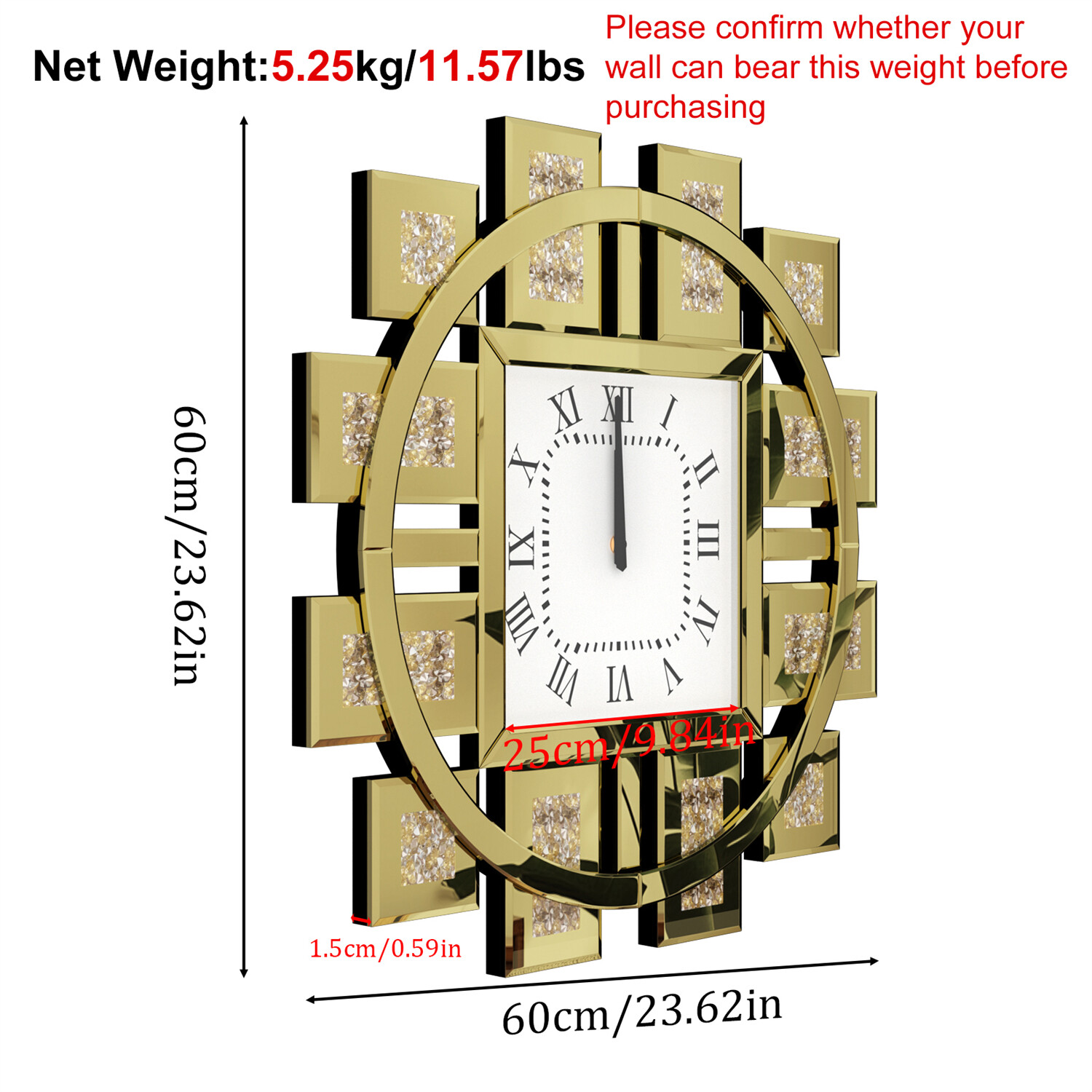 Crush Diamond Mirrored Wall Clock Sparkle Bling Decor Quartz Clock Gold/Silver