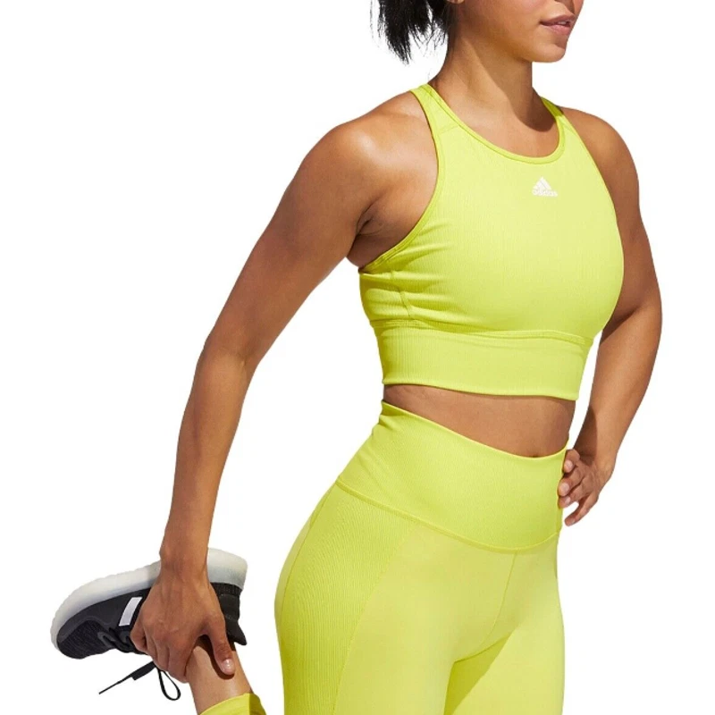 Adidas Womenu0026#039;s Rib Mix Long Sports Bra Neon Yellow GT6253 Size L | eBay