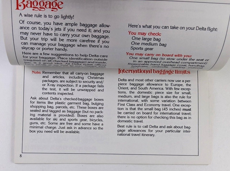 1985 Delta Airlines Travel Tips Vintage Booklet Baggage Traveling with