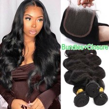  1B Body Wave 3Bundles with 4 4 Lace Closure Virgin Human Hair Weave Brazilian F