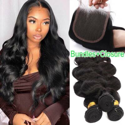 #1B Body Wave 3Bundles with 4*4 Lace Closure Virgin Human Hair Weave Brazilian F