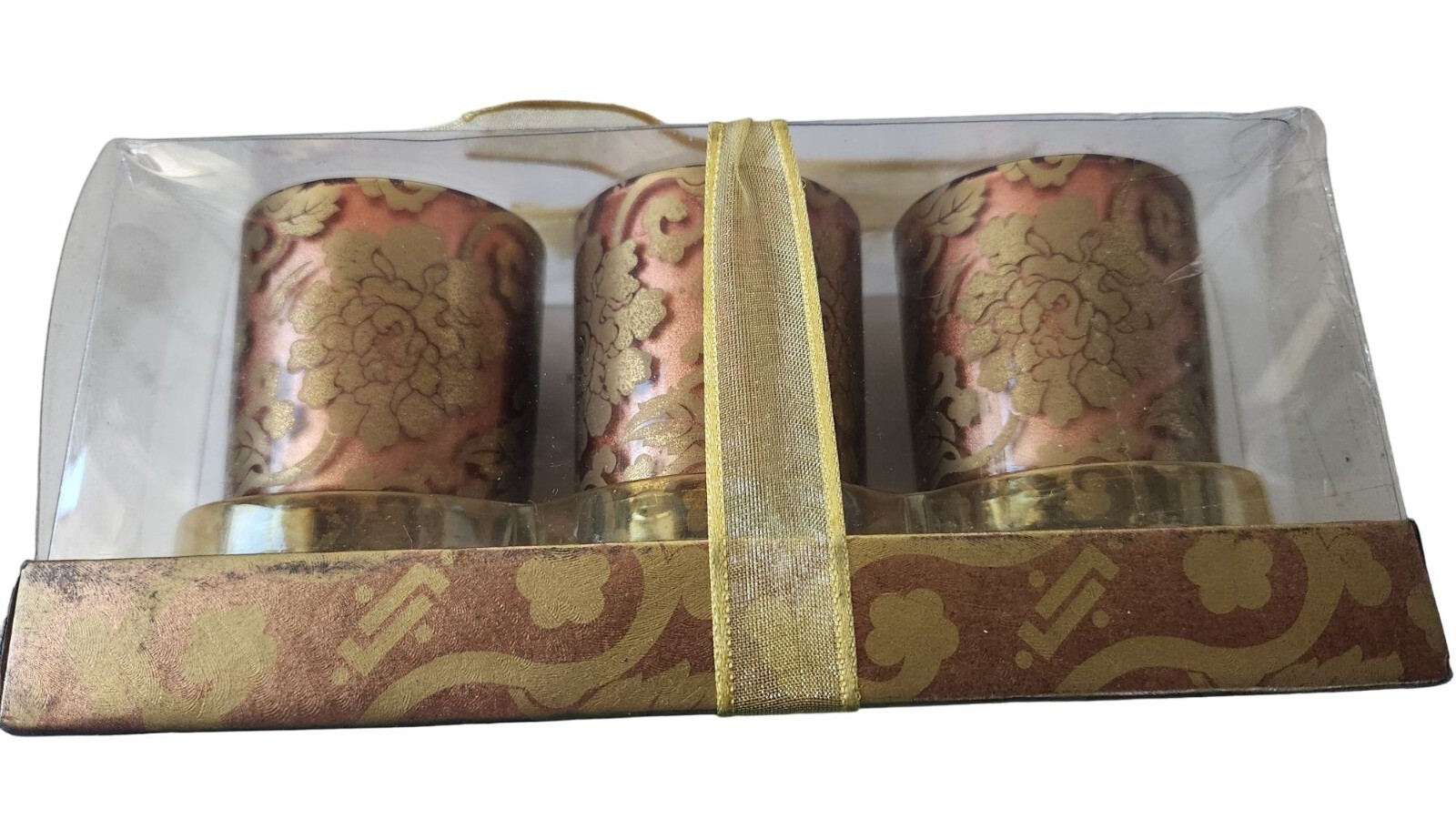 Elegant Brown & Gold Floral Votive Candles Set of 3 in Gift Box-image