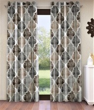 2 Pieces Moroccan Motif Eyelet Glace Cotton Window Curtains 5Ft - Brown