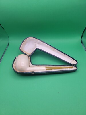 Vintage Meerschaum Block Straight Tobacco Pipe with Hinged Velvet Lined Case