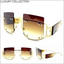 Classic RETRO Modern Contemporary SUNGLASSES Large Gold Frame Honey & Clear Lens