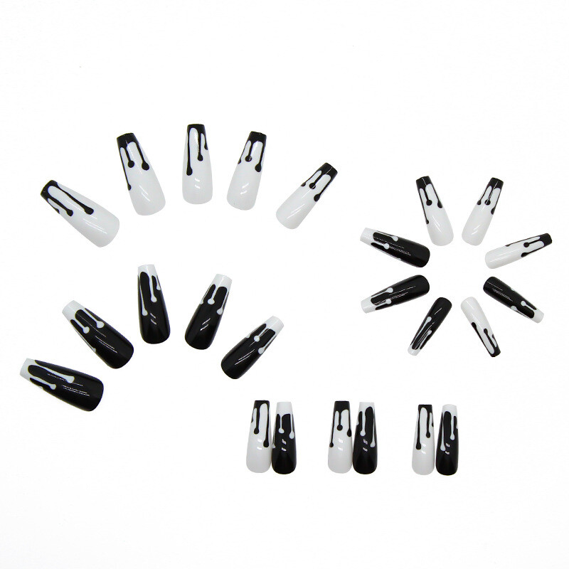 Long Coffin Fake Nails Black White Hot Girl Full Cover Artificial Press