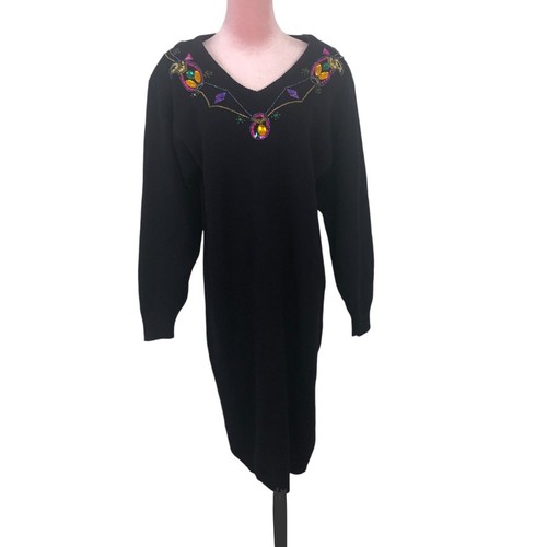 Vtg 90s Plain Jane by Sweet Baby Jane Sweater Dress Small Black Beaded Sequined - Picture 2 of 11