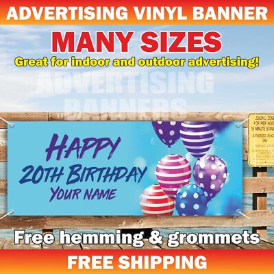 Happy 20th Birthday Advertising Banner Vinyl Sign Custom Name Text Event Holiday