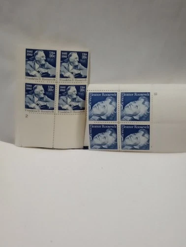 MINT NH OG 20 CENT 2 PLATE STAMP BLOCKS F.D.R, ELEANOR ROOSEVELT FV 1.60 CV 8.75