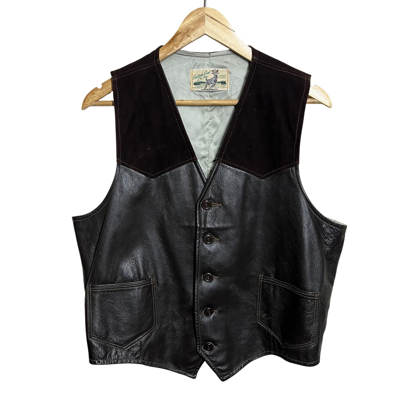 Vintage Custom Coat Co Deerskin Vest Mens Large Brown Leather Western Biker