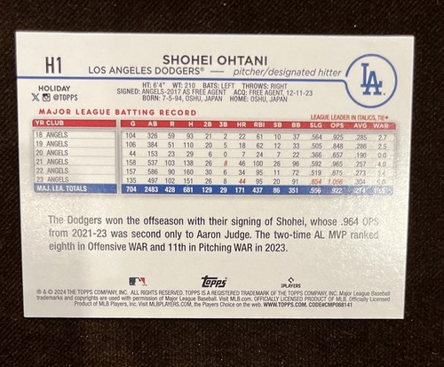 2024 Topps Holiday #H1 Shohei Ohtani LA DODGERS - Picture 2 of 2