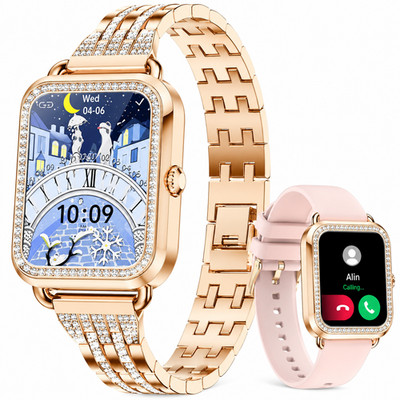 Smartwatch Damen Rosegold Eckig Telefonfunktion Fitnessuhr Strass Android iOS