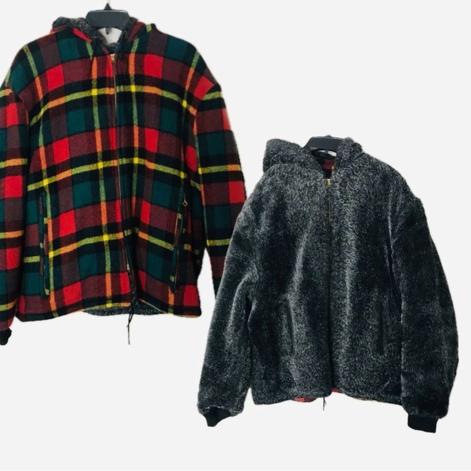 Golden Fleece reversible wool plaid and charcoal gray zip up hooded jacket