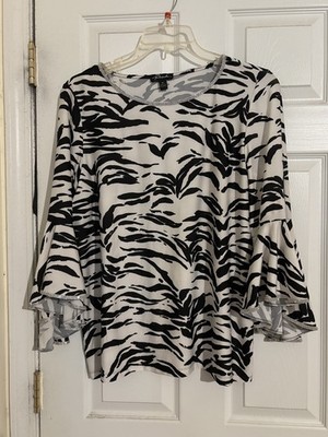 Prelude Black/white Zebra Print Bell Sleeve Top with rhinestones MSK Size XL