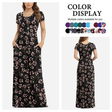 Asklazy Floral Print Short Sleeve Loose Maxi Dress With Pockets Women's 2XL