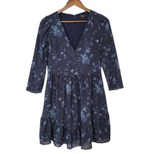 Madewell Floral Print Long Sleeve V-Neck Tiered Dress Size 6 Navy Blue
