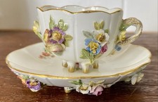 Antique Meissen Footed Demitasse Cup & Saucer With Applied Raised Yellow Flowers