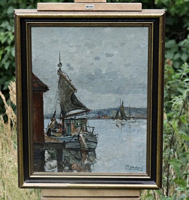 Jens Sinding Christensen (1888-1980) Oil Painting   Fishing Harbor With Sailboat