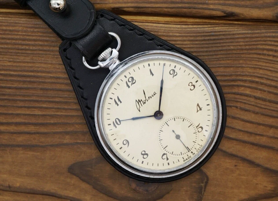 Vintage Molnija 18j precision + New black leather case for pocket watch 45mm - Image 2 of 4