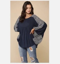 GiGio Umgee Top Small Navy Blue Leopard Dolman Sleeve Tunic