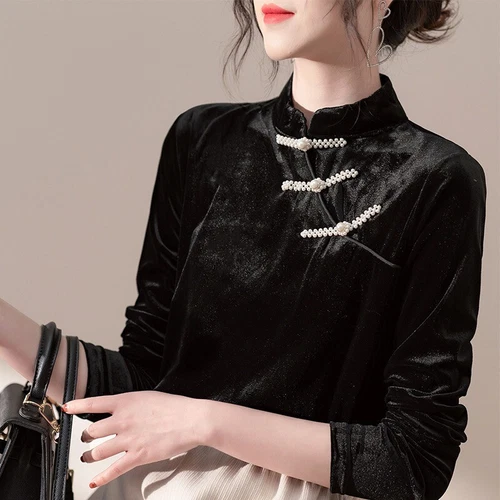 Women Long Sleeve Blouse Shirt Chinese Style Cheongsam Velvet Tops Retro Shirt - Imagen 2 de 21