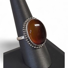 Lady's Silver Tone Orange Banded Agate Ring Size 8.75 Ornate Handcrafted
