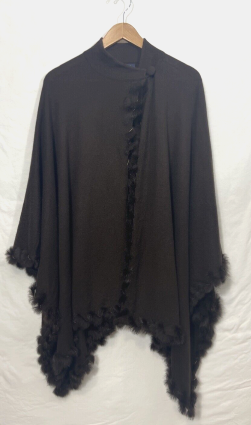 Jones of New York Chocolate Brown Cape with Rabbit Fur Trim - One Size