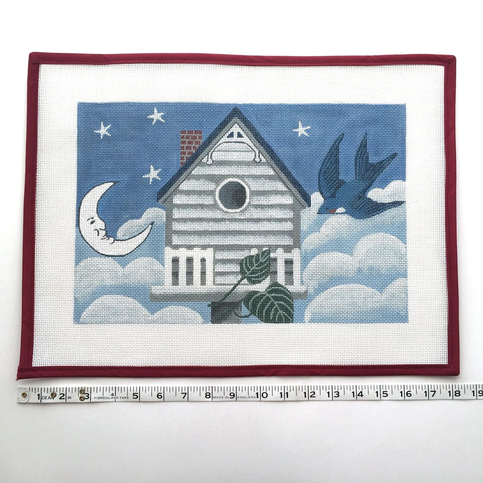 Handpainted Needlepoint Canvas Birdhouse Night Blue Moon Stars Clouds 14 Mesh - Image 2 of 2