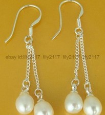 Natural 7-8MM White Akoya Cultured Pearl Silver Hook Drop Dangle Earrings AA