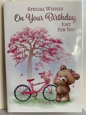 Sending Birthday Wishes Card Teddy Bike Flowers Glitter Mum Grandma Sister Aunt