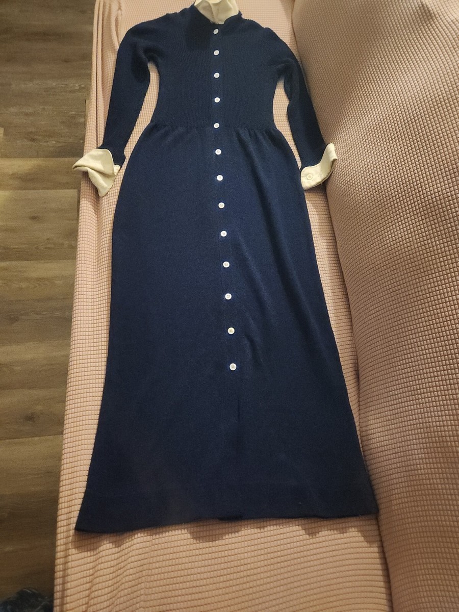 Vintage JOAN LESLIE For Kasper Maxi Navy Blue & White Long Sleeve Dress Sz  10