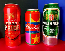 SET x 3 EMPTY BEER CANS 440/500ml BUDWEISER PETER BLAKE, LONDON PRIDE, HOLLANDIA