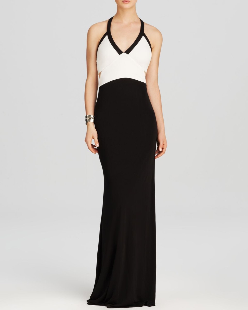 ABS Allen Schwartz ~ Black & Ivory Jersey V Neck Cut-Out Formal Gown L NEW  $396
