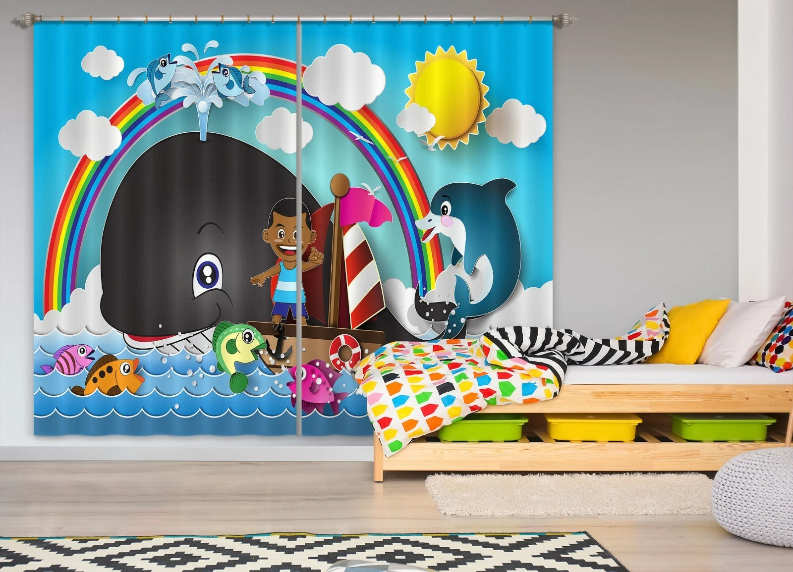 3D Rainbow Whale ZHUA1635 Blockout Photo Curtain Fabric Window Zoe
