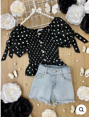 New Mia a Bella Girls Drop It Like It's Dot Denim Shorts Set Size 3T