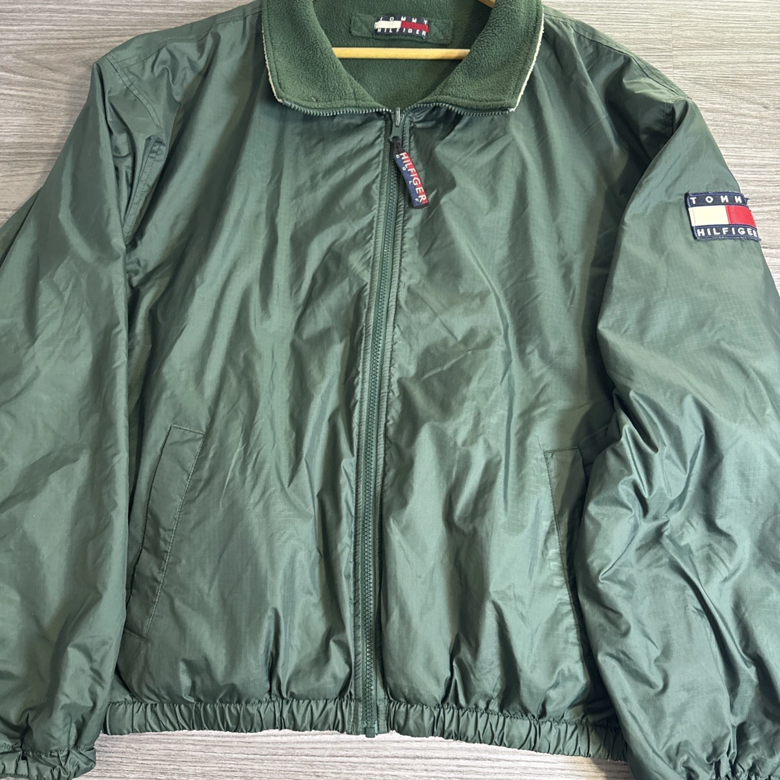Vintage 90s Tommy Hilfiger Faded Green Harrington Bomber Jacket Full Zip Large - product detail image 2