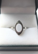 Rare Antique Art Deco Carnelian & Marcasite Navette Ring – Sterling Silver 1930s