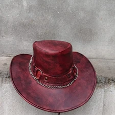 Red Leather Cowboy Hat – Wide Brim & Chain Band – Handmade – Size XS to 4XL