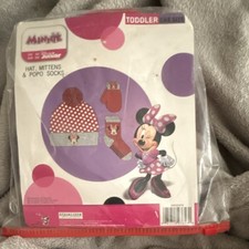 Disney Junior Minnie Mouse Hat Mittens Socks Set Red Gray Polka Dot Pom-Pom