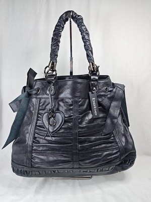 bebe Jagger Tote Bag NWT Black Genuine Cowhide Leather Ruched Pleated Bow Purse