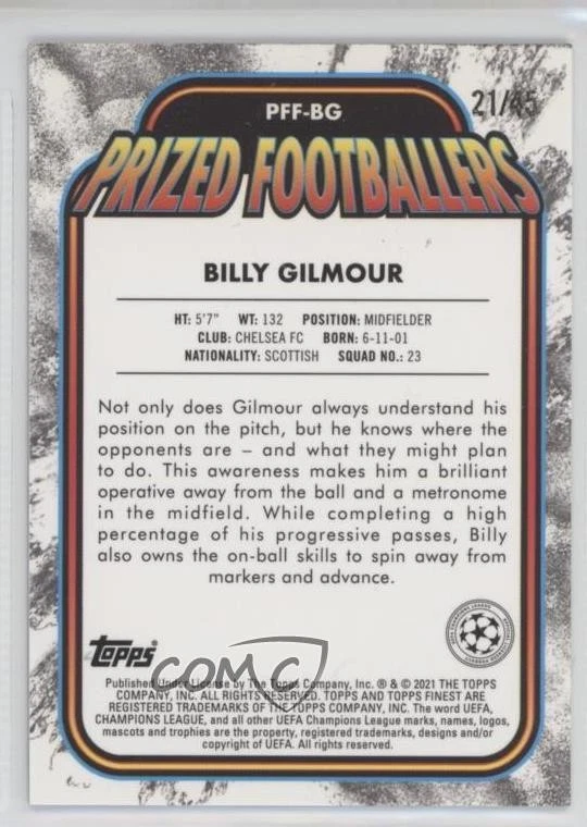 2020 Topps Finest UCL Prized Footballers Fusion Blue /45 Billy Gilmour Rookie RC - Image 2 of 2