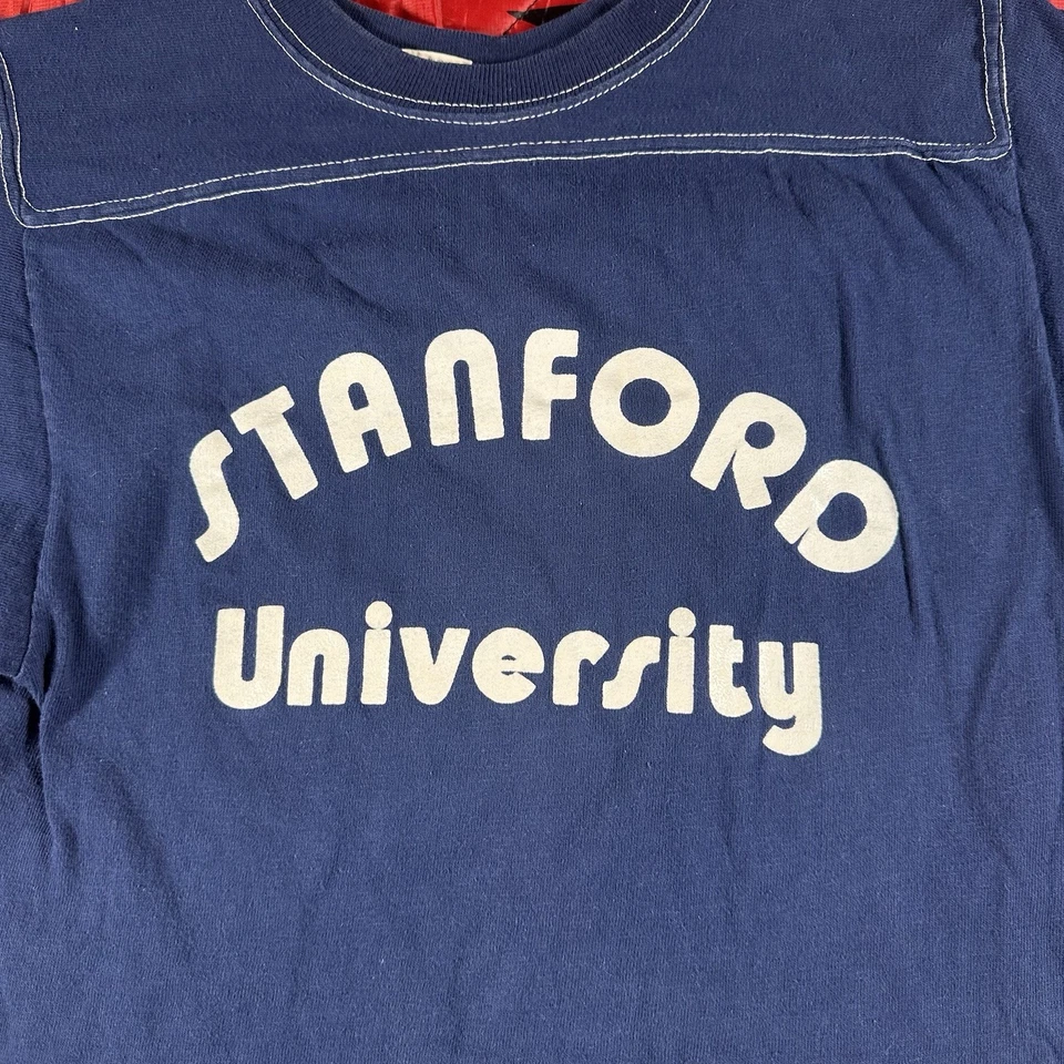 Vintage 70s Stanford University Football T Shirt Med Champion Cotton Blue Bar - Image 2 of 4