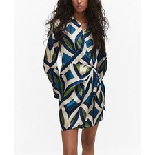 MNG Mango Retro Inspired Shirt Style Satin Wrap Dress Blue Size 8 Or Medium