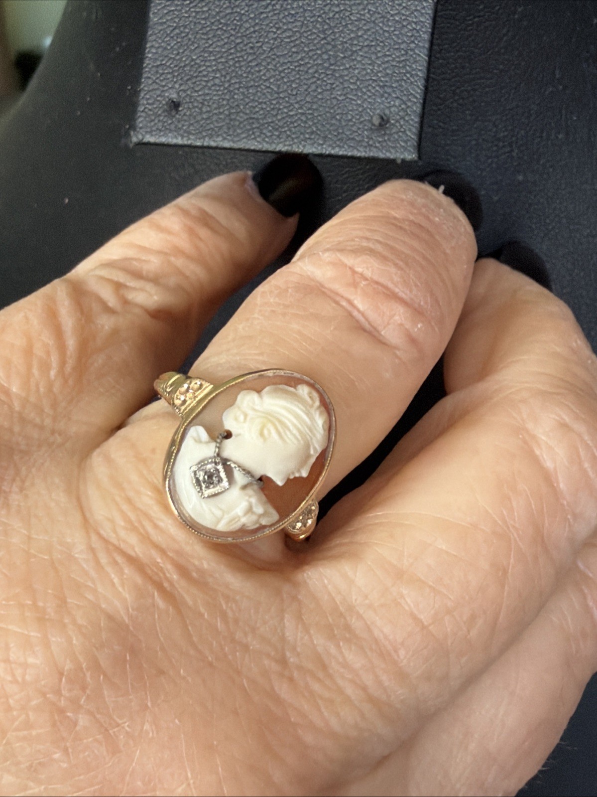 Antique 10k Solid Gold Ring Shell Cameo With Diam… - image 5