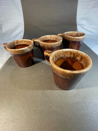 Vintage Hull Pottery Oven Proof Brown Drip Glaze Coffee Mugs Cups Set Of 4 (639)