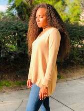 Sand Taupe Knit v-neck casual solid long sleeve sweater
