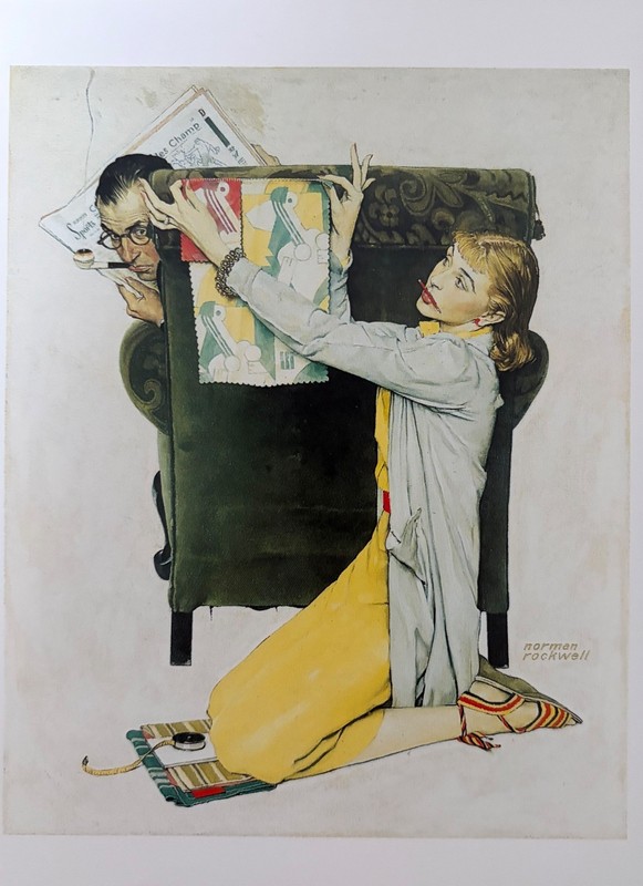 Norman Rockwell Postcard - The Decorator (Woman with Fabric Samples and Chair)