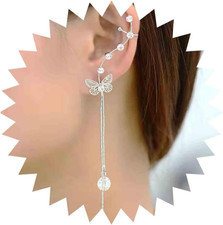 Boho Cristallo Farfalla Polsino Avvolgere Orecchini Argento Lunga Catena Orecchi